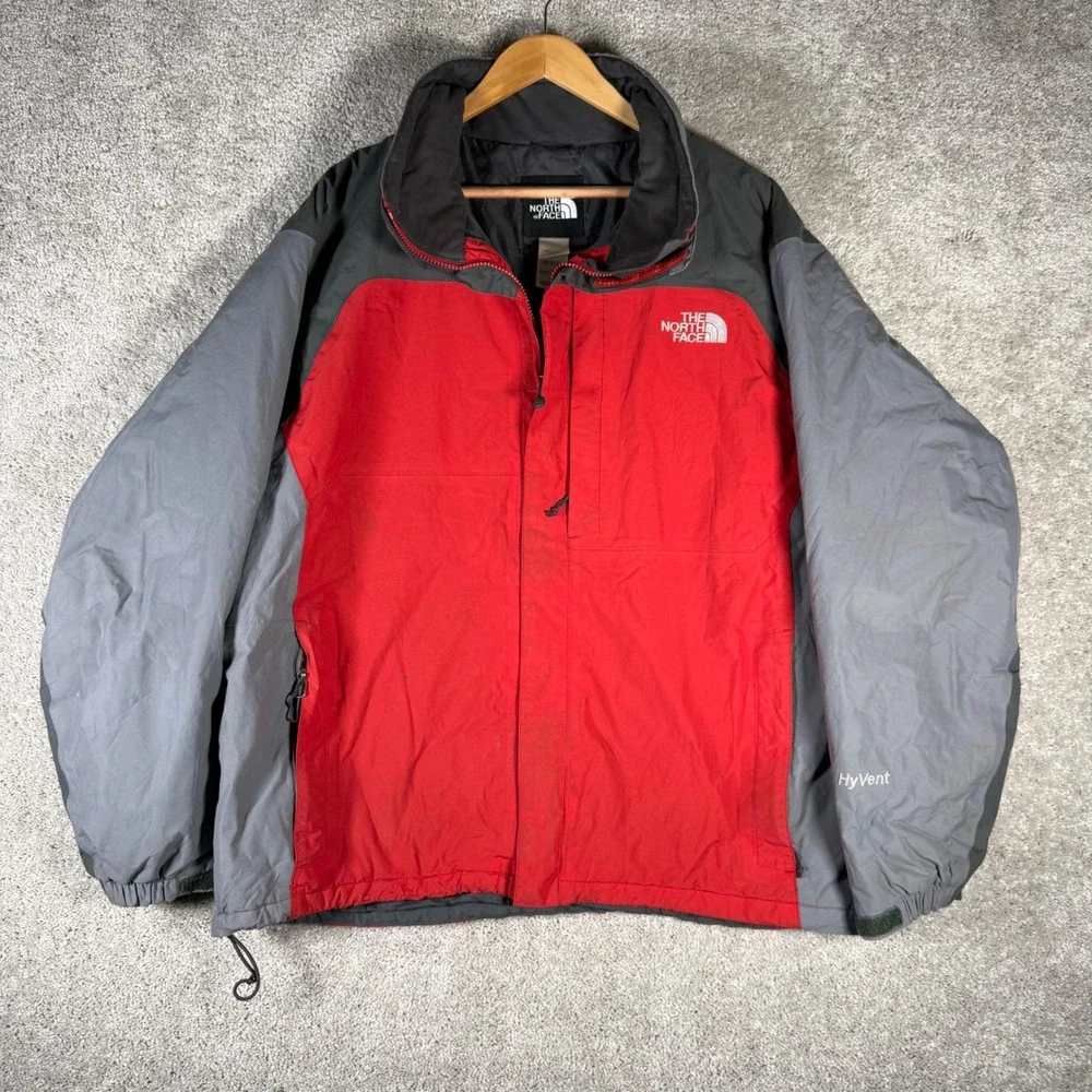 The North Face HyVent Jacket Mens XL Red Grey Zip Hooded Rain Shell Coat READ